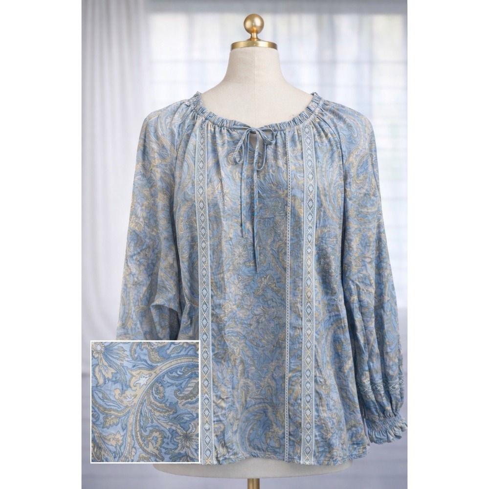 Me by Jennie Garth Eleanor Woven‎ Blouse Ruffle Detail Crochet Pullover Blue 3x